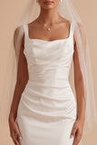 Robe de mariée longue en satin, avec fronces, à col carré, blanche, avec cape
