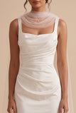 Robe de mariée longue en satin, avec fronces, à col carré, blanche, avec cape