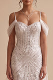 Robe de mariée longue à paillettes blanche, avec perles