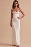 Corset satin blanc sirène sans bretelles robe de mariée longue avec dentelle