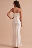 Corset satin blanc sirène sans bretelles robe de mariée longue avec dentelle