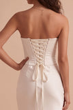 Corset satin blanc sirène sans bretelles robe de mariée longue avec dentelle