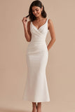 Robe de mariée midi en satin à col V avec fronces