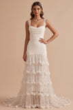 Robe de mariée longue en tulle à volants, coupe sirène blanche, avec fleur 3D