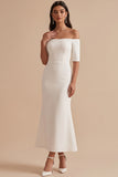 Robe de mariée coupe sirène blanche à manches courtes en satin