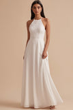 Robe de mariée longue en dentelle blanche en mousseline à encolure tour de cou