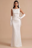 Robe longue de mariée en satin à col bateau coupe sirène blanche