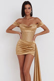 Robe de cocktail courte dorée avec corset, à épaules dénudées, perles, en satin, avec fronces et drapé