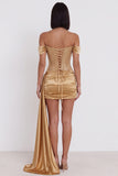 Robe de cocktail courte dorée avec corset, à épaules dénudées, perles, en satin, avec fronces et drapé