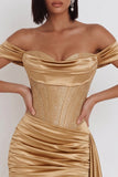 Robe de cocktail courte dorée avec corset, à épaules dénudées, perles, en satin, avec fronces et drapé
