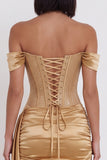 Robe de cocktail courte dorée avec corset, à épaules dénudées, perles, en satin, avec fronces et drapé