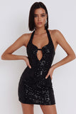 Robe de cocktail courte noire moulante à paillettes avec trou de serrure
