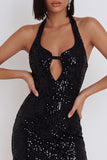Robe de cocktail courte noire moulante à paillettes avec trou de serrure