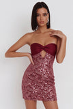 Robe de cocktail courte bourgogne à paillettes, moulante, avec bustier