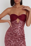 Robe de cocktail courte bourgogne à paillettes, moulante, avec bustier