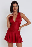 Robe de cocktail courte avec fronces, à col V, ligne A, rouge