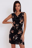 Robe de cocktail courte à col bénitier, imprimée, en velours noir