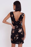 Robe de cocktail courte à col bénitier, imprimée, en velours noir