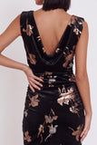 Robe de cocktail courte à col bénitier, imprimée, en velours noir