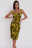 Robe de cocktail midi moulante à col carré imprimée jaune-vert