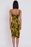 Robe de cocktail midi moulante à col carré imprimée jaune-vert