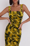 Robe de cocktail midi moulante à col carré imprimée jaune-vert