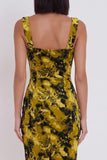 Robe de cocktail midi moulante à col carré imprimée jaune-vert
