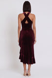 Robe de cocktail midi en velours bourgogne, coupe sirène, avec fronces