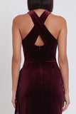 Robe de cocktail midi en velours bourgogne, coupe sirène, avec fronces