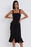 Robe de cocktail midi coupe sirène à col carré avec ourlet haut-bas et volants asymétriques
