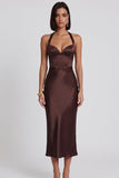 Robe de cocktail midi avec corset en satin marron foncé