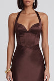 Robe de cocktail midi avec corset en satin marron foncé
