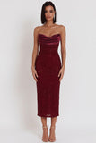 Robe de cocktail midi bourgogne à paillettes, moulante, avec corset en satin