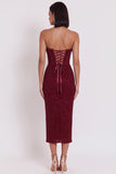 Robe de cocktail midi bourgogne à paillettes, moulante, avec corset en satin