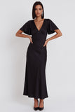 Robe de cocktail midi en satin coupe sirène à col V à manches flottantes