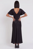 Robe de cocktail midi en satin coupe sirène à col V à manches flottantes
