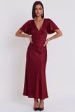 Robe de cocktail midi en satin coupe sirène à col V à manches flottantes