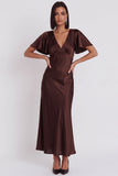 Robe de cocktail midi en satin coupe sirène à col V à manches flottantes