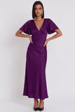 Robe de cocktail midi en satin coupe sirène à col V à manches flottantes
