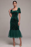 Robe en velours midi vert foncé, coupe sirène, à col carré, en tulle à volants et manches courtes