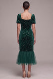 Robe en velours midi vert foncé, coupe sirène, à col carré, en tulle à volants et manches courtes