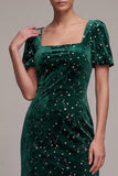 Robe en velours midi vert foncé, coupe sirène, à col carré, en tulle à volants et manches courtes