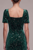Robe en velours midi vert foncé, coupe sirène, à col carré, en tulle à volants et manches courtes