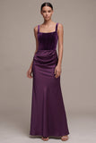 Robe en velours longue prune, à corset, coupe fourreau, en satin, à col carré et froncée