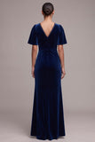 Robe en velours longue bleu marine, coupe fourreau, à col en V, en dentelle, à manches flottantes et avec fente