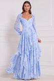 Robe de demoiselle d'honneur en mousseline sauge, à manches longues, à col V, ligne A