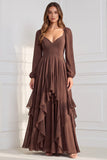 Robe de demoiselle d'honneur en mousseline sauge, à manches longues, à col V, ligne A