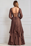 Robe de demoiselle d'honneur en mousseline sauge, à manches longues, à col V, ligne A