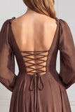 Robe de demoiselle d'honneur en mousseline sauge, à manches longues, à col V, ligne A