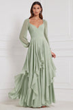 Robe de demoiselle d'honneur en mousseline sauge, à manches longues, à col V, ligne A